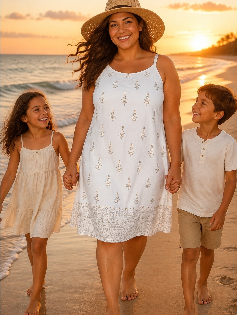 Girls' Cream Spaghetti-Strap Sundress with Embroidered Hem